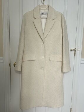 ZARA Women Bouclé Wool Blend Single-Breasted Long Trench Coat, Cream, Size Small